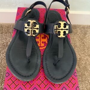 Tory Burch Navy Blue Sandals with Gold Emblem